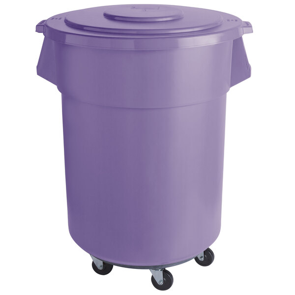 A purple mobile ingredient storage bin with wheels and a lid.
