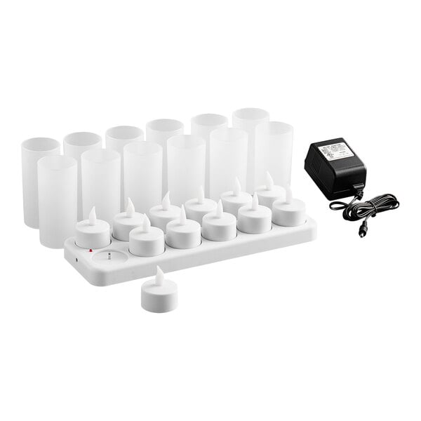 A set of flameless rechargeable tea light candles with frosted plastic cups and a charging base.