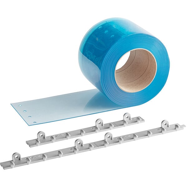 A roll of plastic tape with a metal chain.