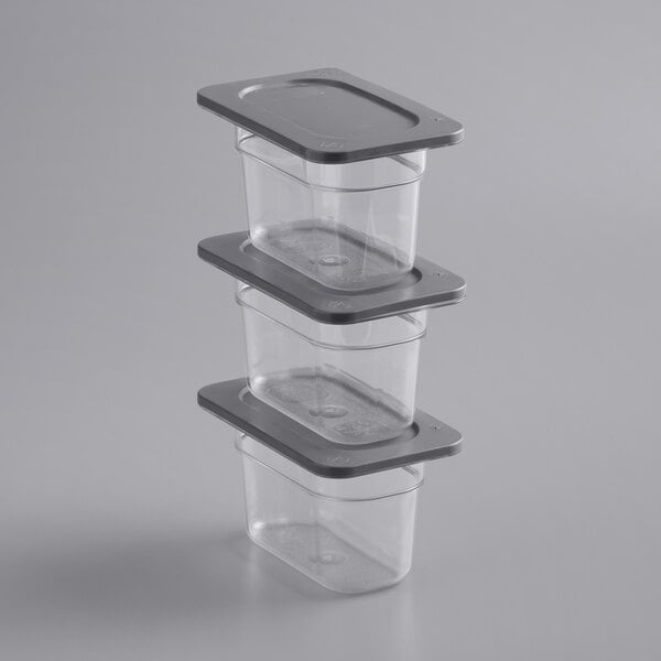 Vigor 1/9 Size 4 Deep Clear Polycarbonate Food Pan with Secure Sealing  Cover - 3/Pack