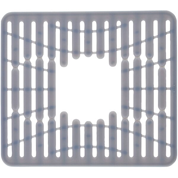 A gray silicone sink mat with a square in the middle.