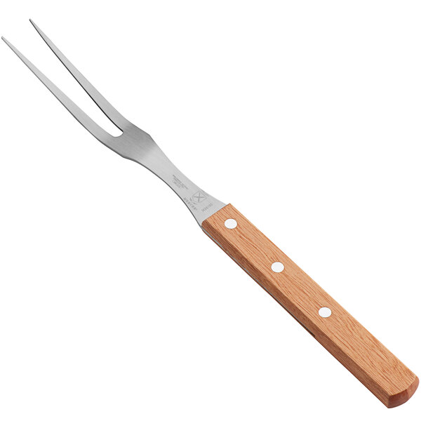 A Mercer Culinary Praxis carving/pot fork with a wooden handle.