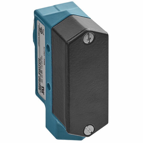 A close-up of a blue and black Berner Air Curtain door switch.