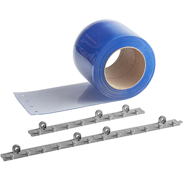 A Clearway strip door kit with white QuickMount plastic pieces and blue plastic tape.