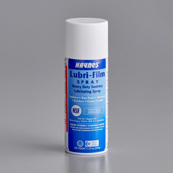 A blue and white can of Haynes Lubri-Film Heavy-Duty Lubricating Grease Spray.