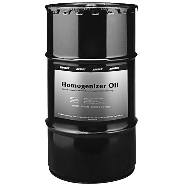 A black barrel of Haynes Homogenizer Oil with a label.