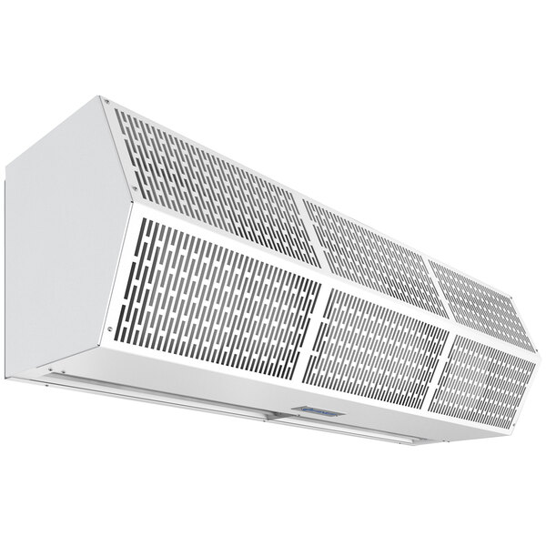 A white rectangular Berner air curtain with a metal grill.