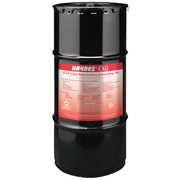 A black Haynes 55 gallon barrel with a red label.