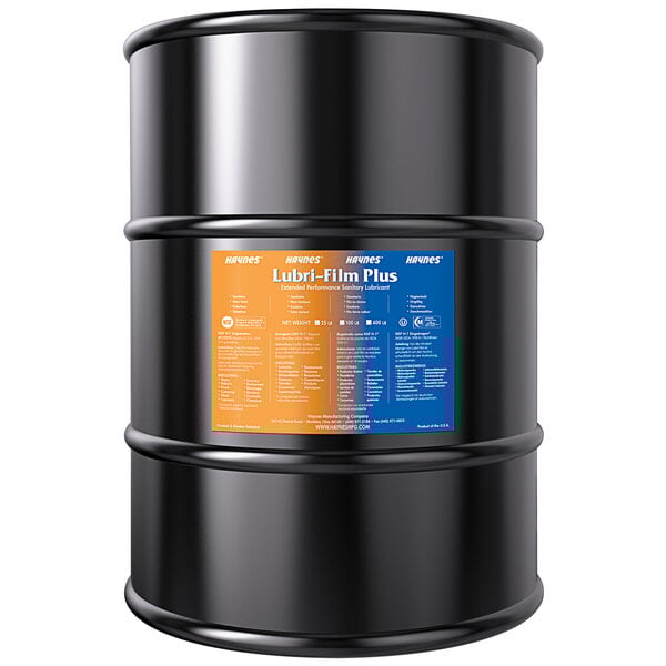 a black barrel with blue and orange label