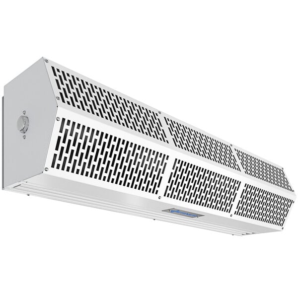 A white rectangular Berner Air Curtain with a black grill.