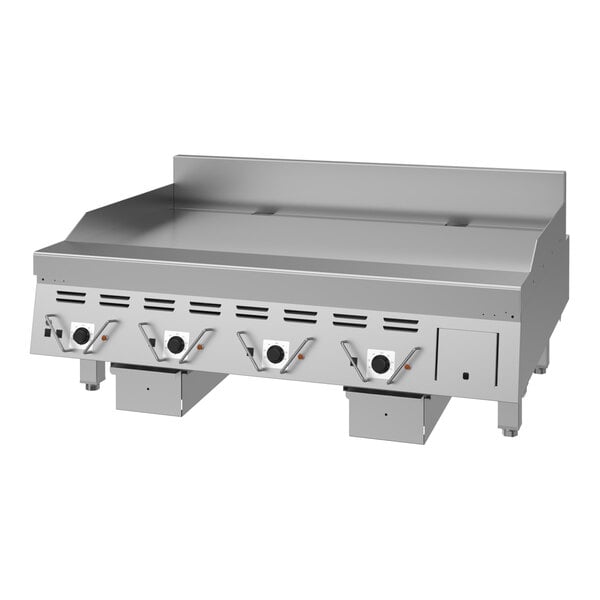 A large stainless steel commercial electric griddle with multiple control knobs and a backsplash.