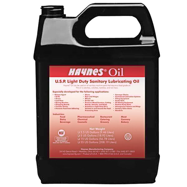 A black plastic container of Haynes 40 Light-Duty Sanitary Oil with a red label.