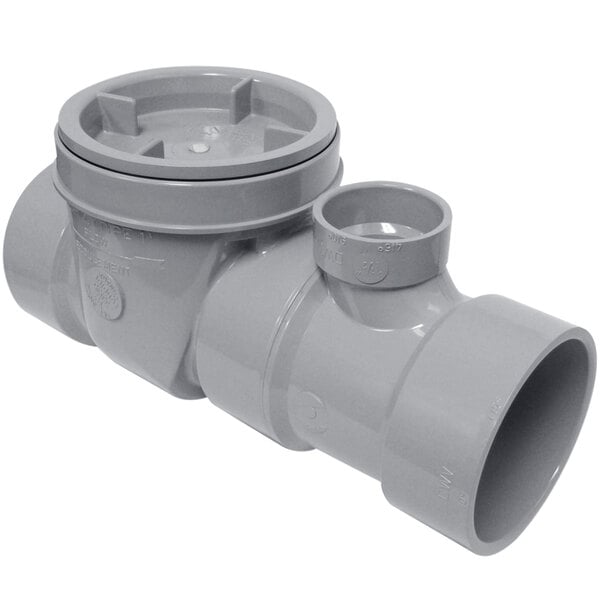 A grey plastic pipe with a round hole.