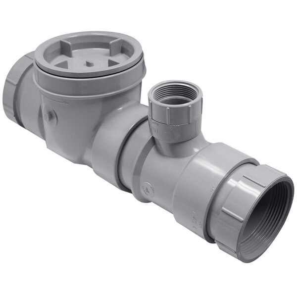 A grey plastic Endura DWV threaded flow control device with two holes.