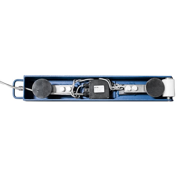 Optima Weighing Systems 5,000 lb. Weighing Beam Scale with 48" x 4" Beams in blue and white with metal hooks.