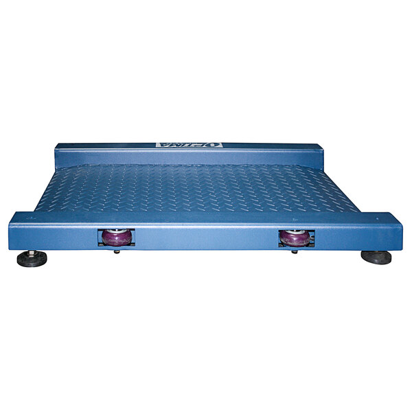 A blue scale with wheels and a metal platform.