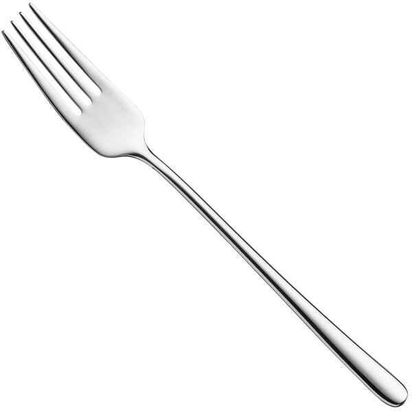 A WMF Scala stainless steel dessert fork with a white handle.