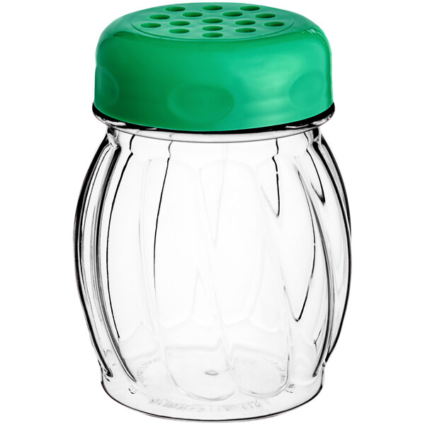 A clear Tablecraft Tritan plastic shaker with a green perforated lid.