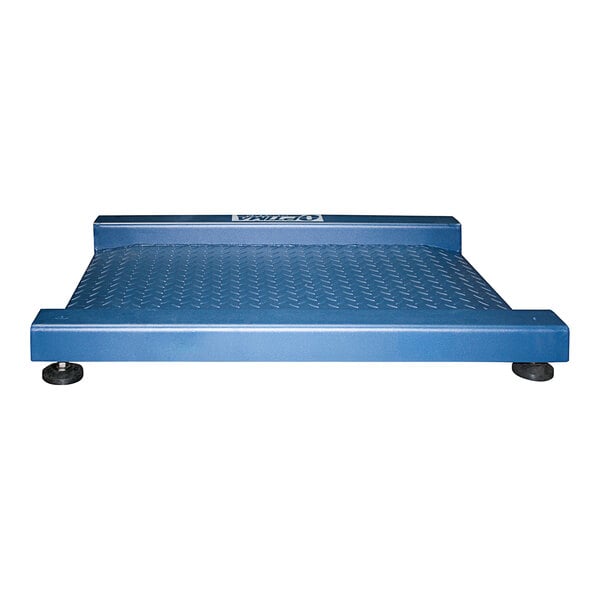 A blue, rectangular metal platform with a textured surface and adjustable feet, viewed from the front.