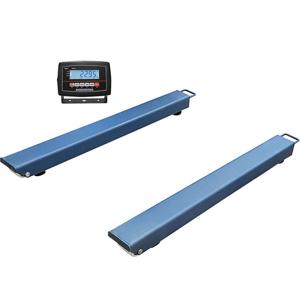 Two blue metal weighing beams with a black digital display.