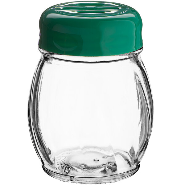 A Tablecraft glass jar with a green slotted lid.