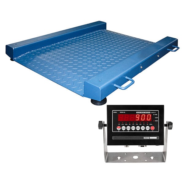 A blue metal scale with a digital display on a blue metal surface.