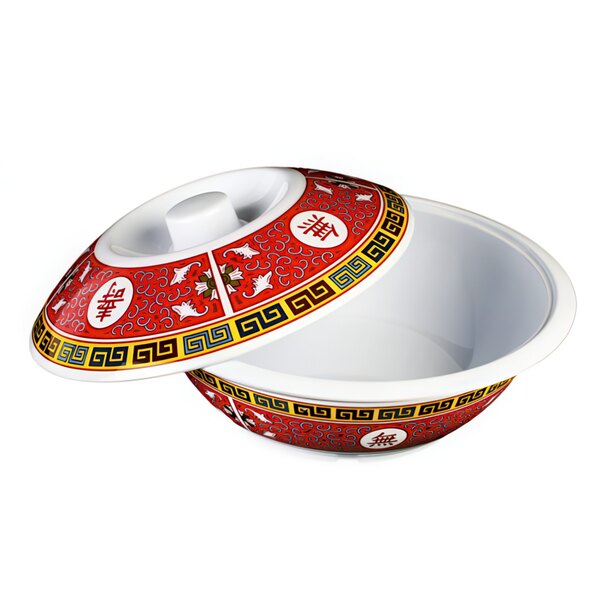 A red and yellow melamine bowl with oriental designs and a lid with a yellow handle.