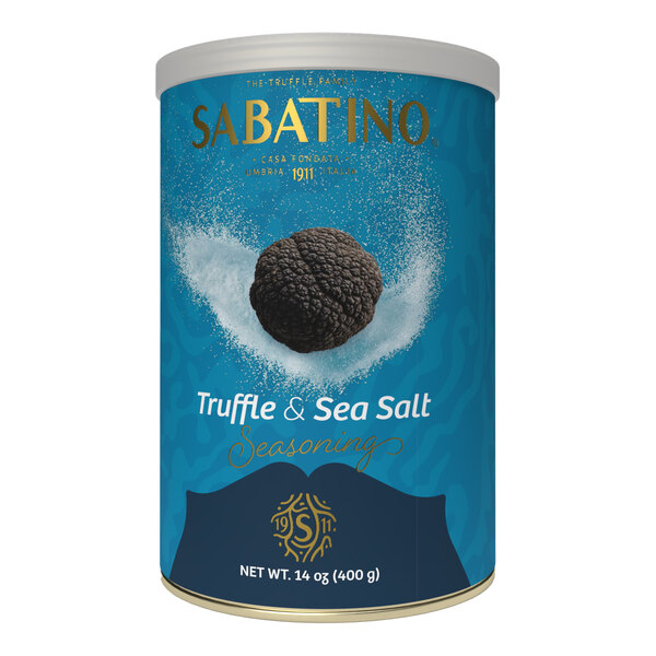 A 14 oz. container of Sabatino Tartufi Truffle & Sea Salt seasoning.