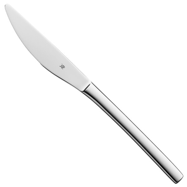 A WMF stainless steel dessert knife with a silver handle.
