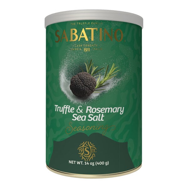 A 14 oz. container of Sabatino Tartufi Truffle & Rosemary Sea Salt seasoning.