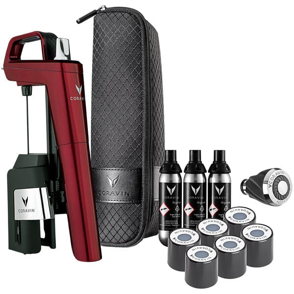 A red and black Coravin Timeless Six Plus wine preservation system in a black case with bottles.