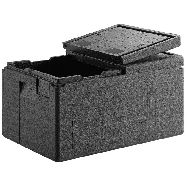 A black plastic box with a lid open and cup holders