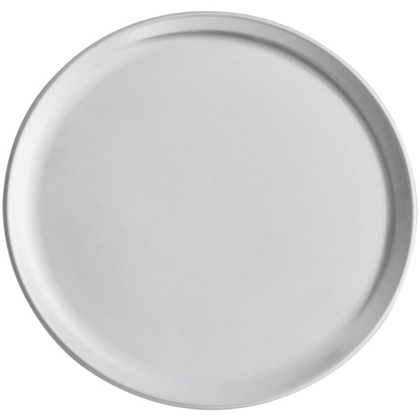A Choice aluminum coupe pizza pan with a round rim on a white background.