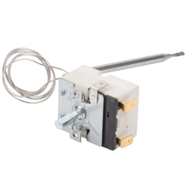 A Galaxy replacement thermostat for a countertop food warmer with a wire attached.