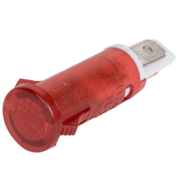 A close-up of a red and white Galaxy countertop food warmer indicator light.