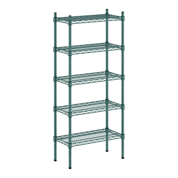 A Regency green wire shelving unit with five shelves.