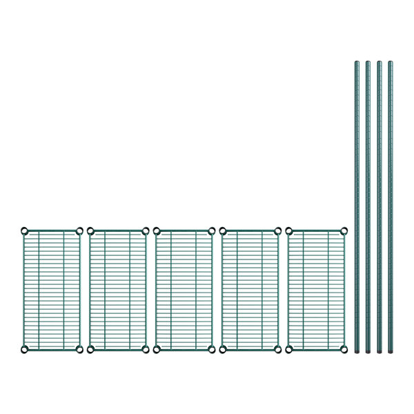 Regency green wire shelving with metal poles.