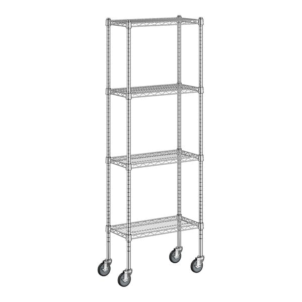 A Regency chrome wire shelving unit with wheels.