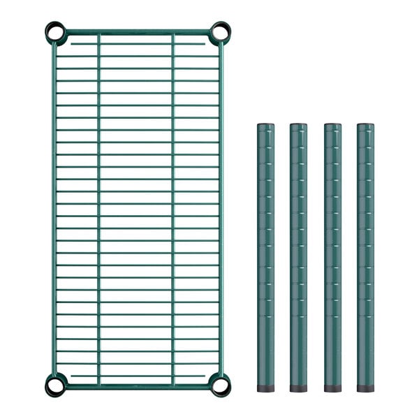 A Regency green metal shelf with four rods.