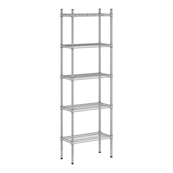 A wireframe of a Regency stainless steel shelving unit with five shelves.