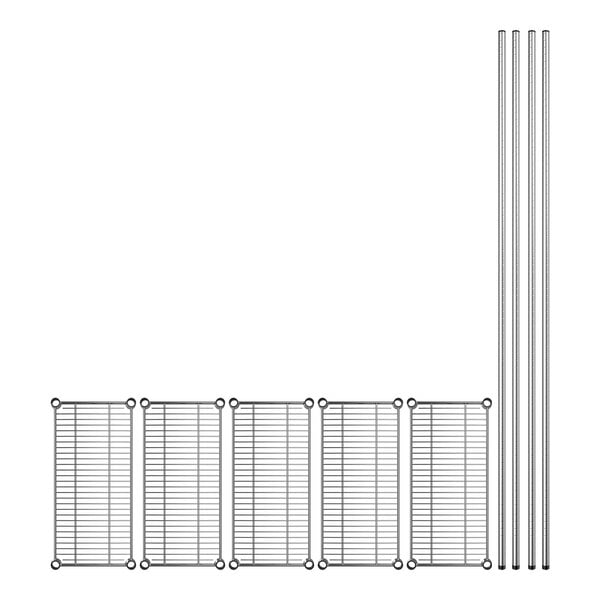 A Regency stainless steel wire rack with several metal shelves.