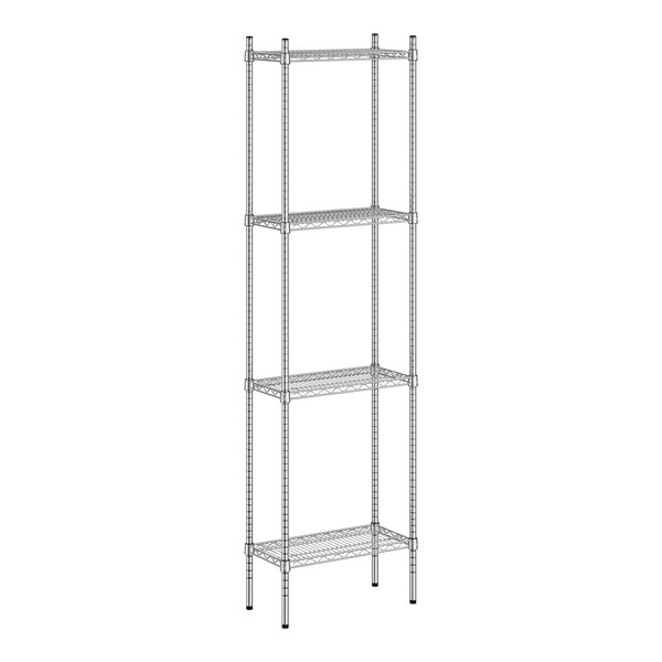 A wireframe of a Regency chrome metal shelf kit with four shelves.