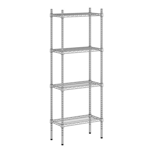 A wireframe of a Regency stainless steel shelving unit with four shelves.