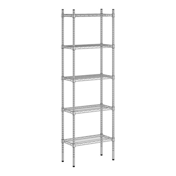 A wireframe of a Regency chrome metal wire shelving unit with four shelves.