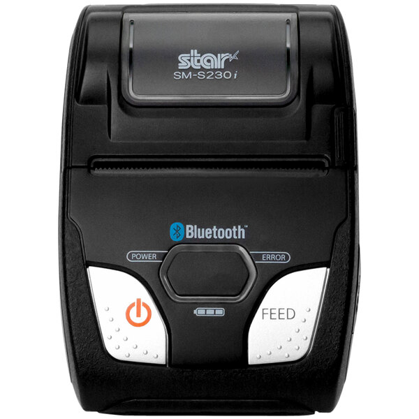 A close-up of a black Star SM-S230i portable receipt printer.