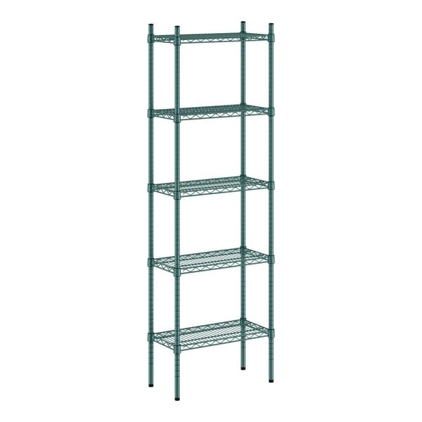 A green wire shelving unit with five shelves.