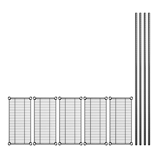 A row of metal rods and black wire racks on Regency shelving.
