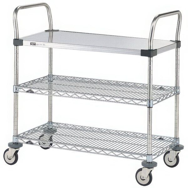 A Metro standard duty metal utility cart with three shelves and wheels.