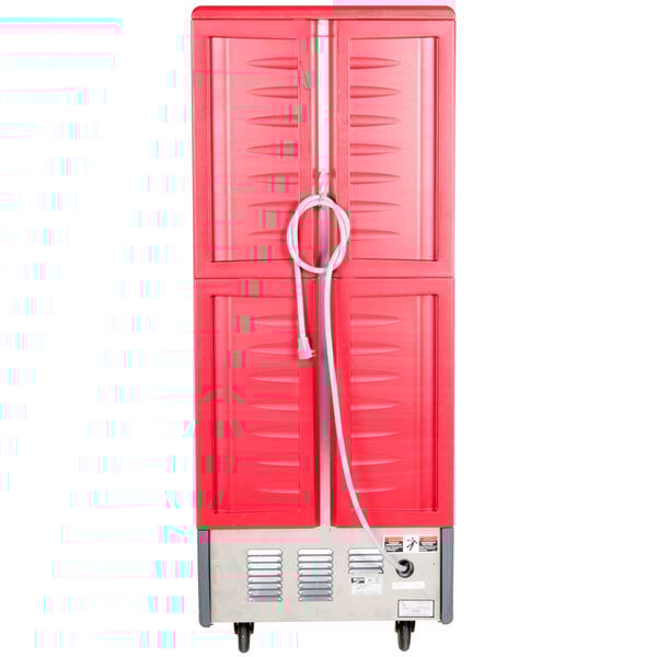A red plastic cabinet with a white cable tied to it.