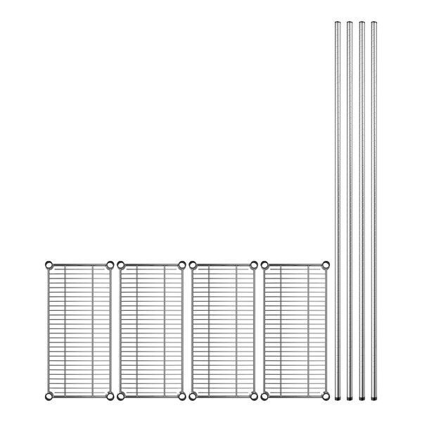 A white metal rack with 4 shelves and metal rods.